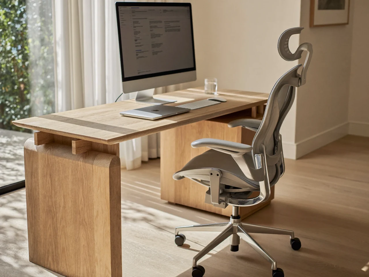 Bureau lumineux et minimaliste avec bureau en chêne clair, fauteuil ergonomique et écran.