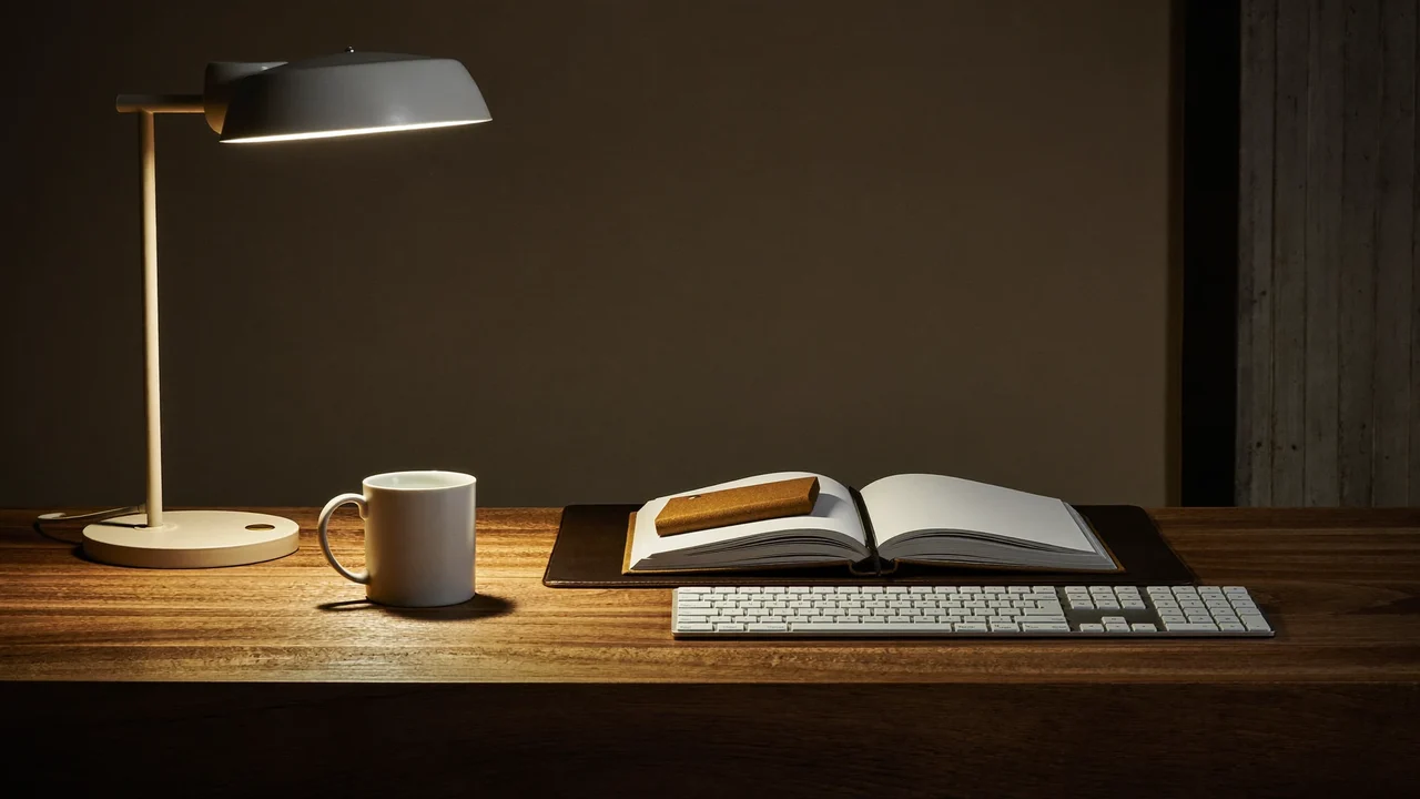 Poste de travail du soir avec lampe, carnet vierge, tasse en céramique et clavier.